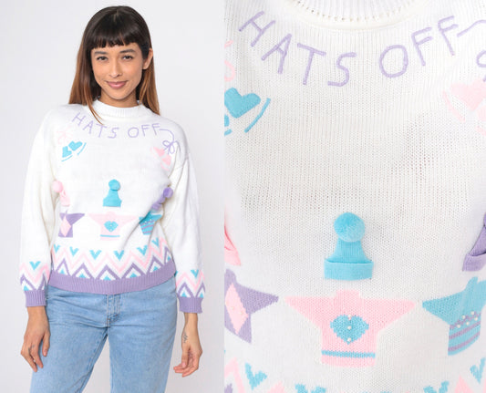 90s Hats Off Ice Skating Graphic Sweater Pastel Novelty Knit Small