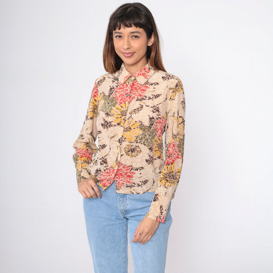 90s Abstract Floral Button-Up Blouse Beige Red Yellow Long Sleeve Medium