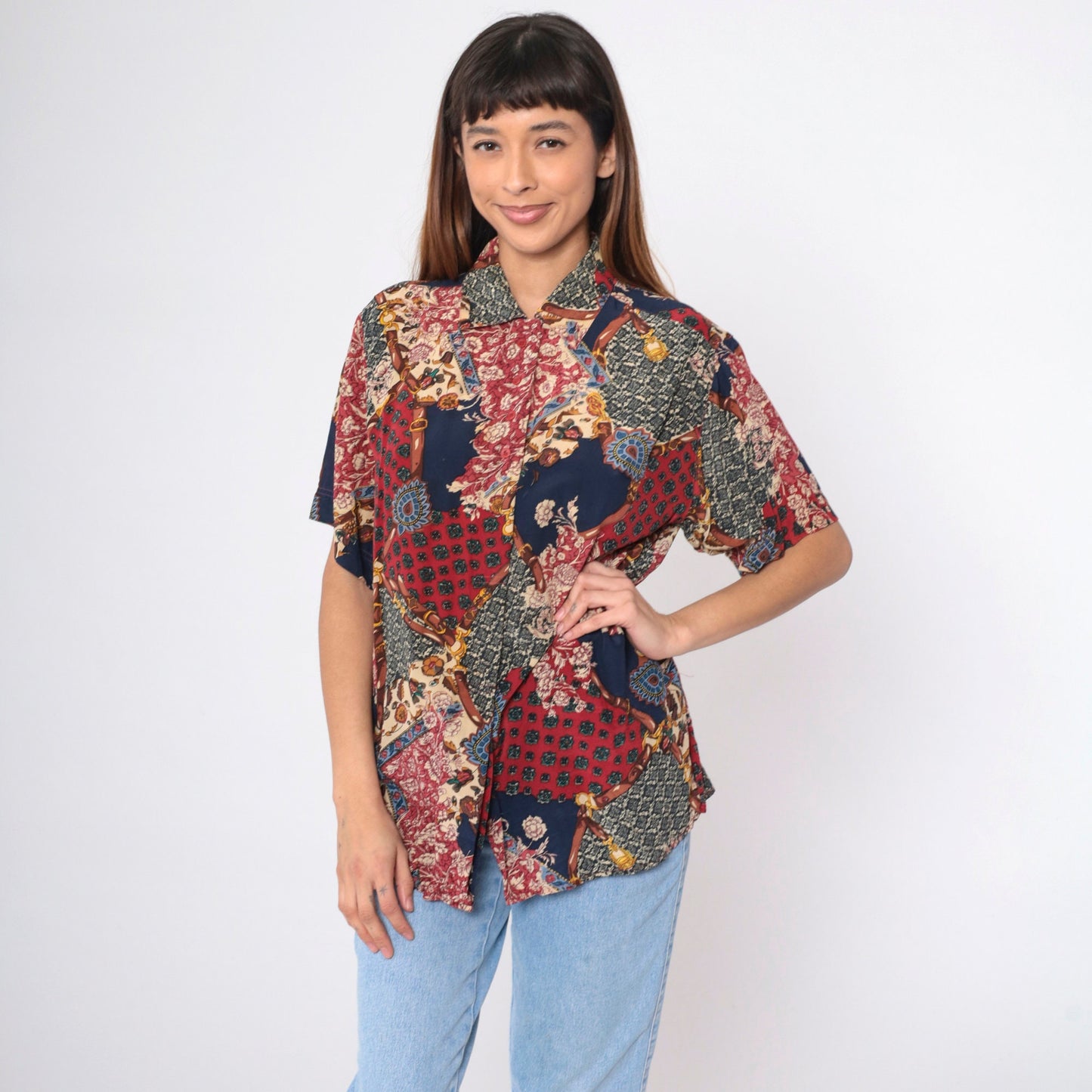 90s Amanda Italy Silk Blouse Patchwork Floral Equestrian Print Navy Medium