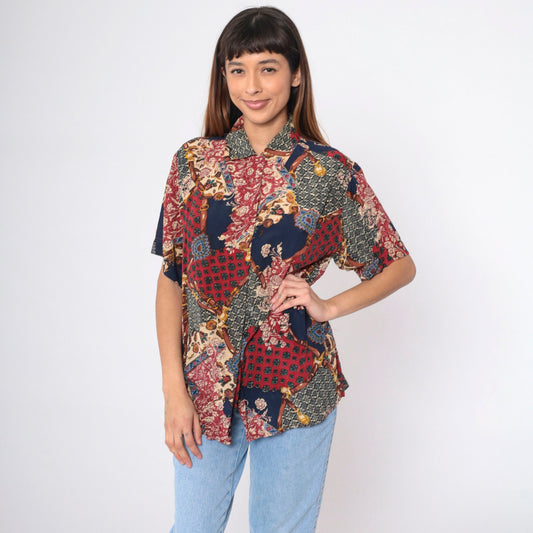 90s Amanda Italy Silk Blouse Patchwork Floral Equestrian Print Navy Medium