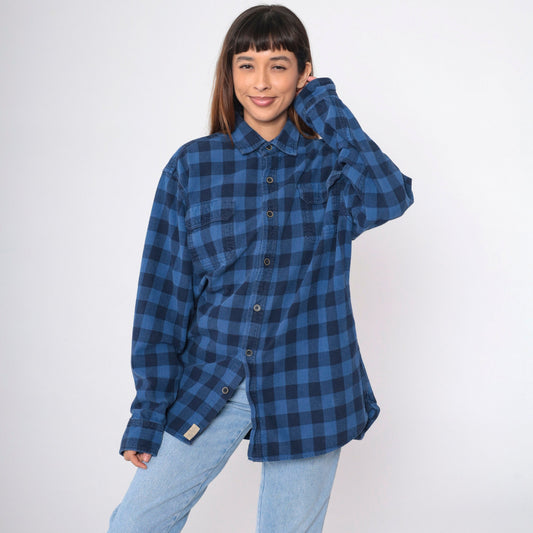 90s Jachs Buffalo Plaid Button-Up Shirt Blue Black Cotton Extra Large Tall