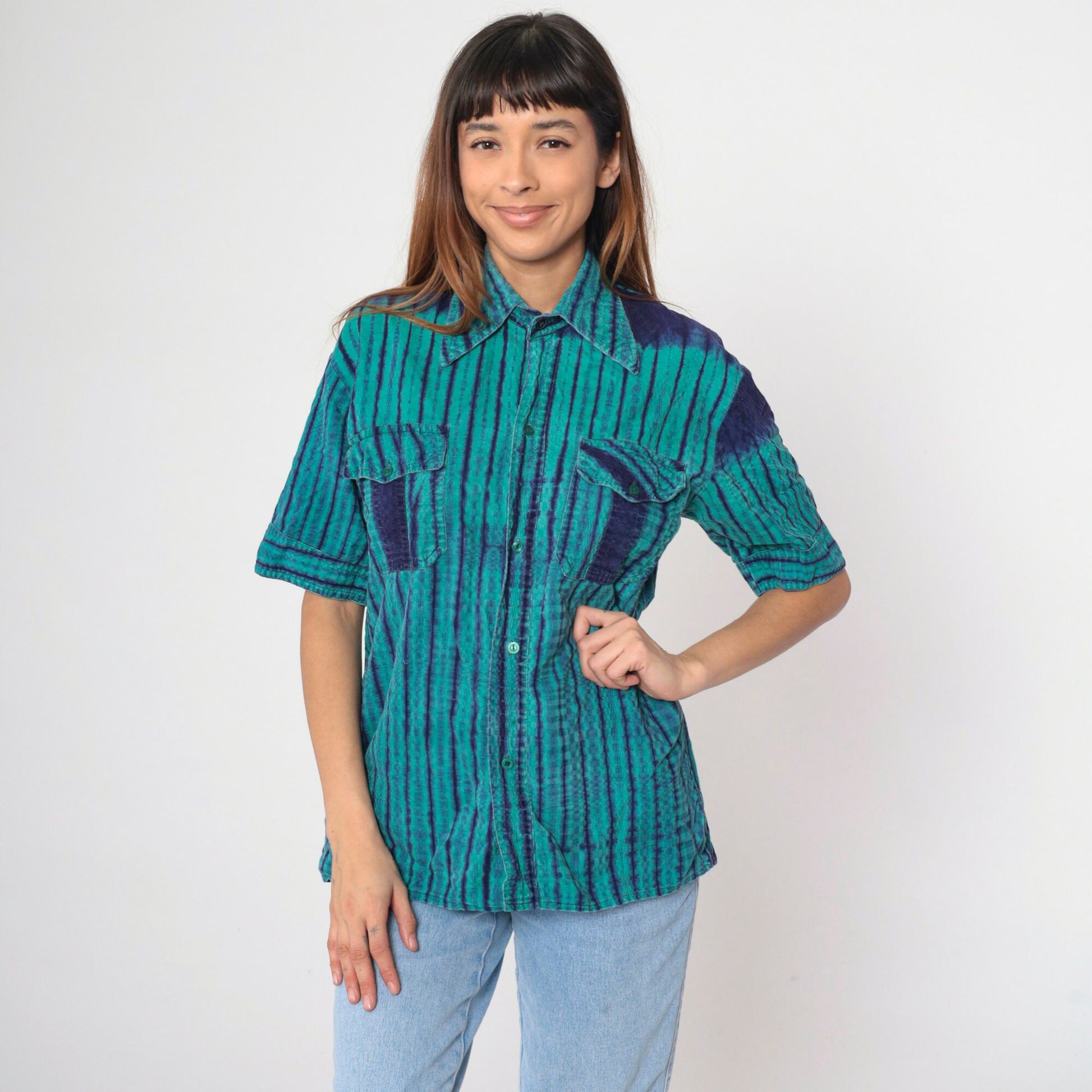 90s Ikat Striped Button-Up Shirt Green Indigo Oxford Short Sleeve Small