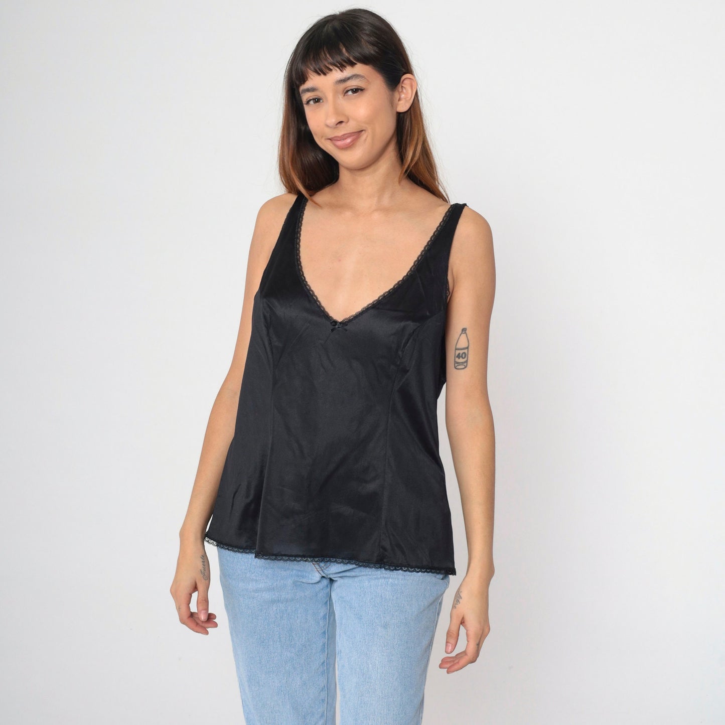 80s Vanity Fair Black Nylon Camisole Lace Trim V-Neck Bow Large