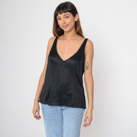80s Vanity Fair Black Nylon Camisole Lace Trim V-Neck Bow Large