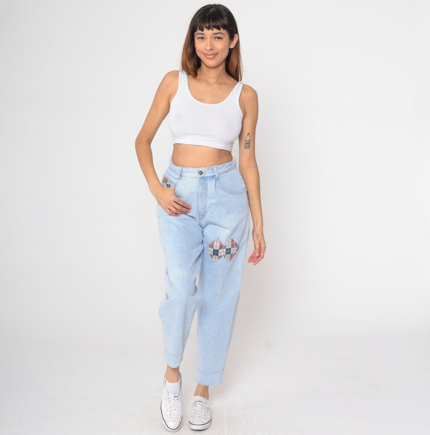 90s Breaker Jeans Light Blue Patchwork Plaid High Rise Mom Jeans Small 29