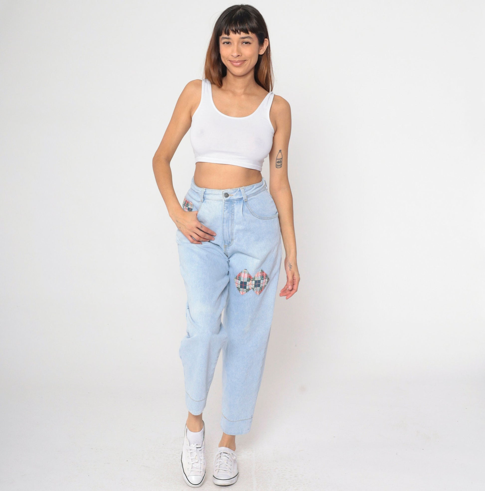 90s Breaker Jeans Light Blue Patchwork Plaid High Rise Mom Jeans Small 29