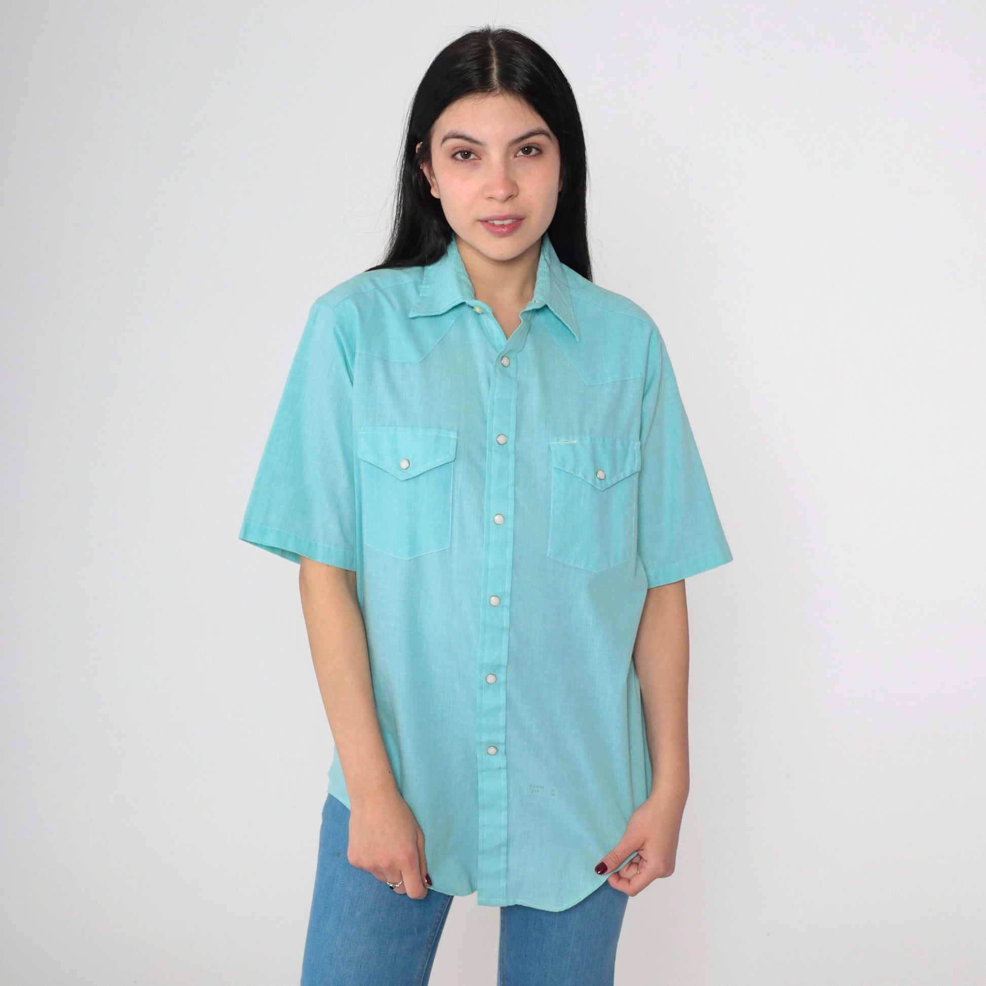 70s Charlie Brown Western Pearl Snap Shirt Blue Short Sleeve Men's Medium