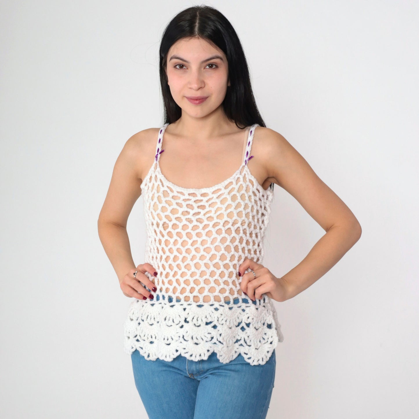 70s White Crochet Tank Top Sheer Knit Purple Ribbon Straps Small