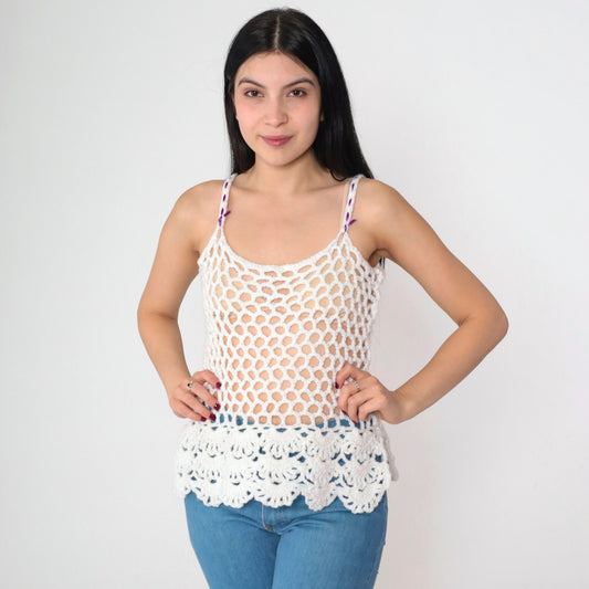 70s White Crochet Tank Top Sheer Knit Purple Ribbon Straps Small