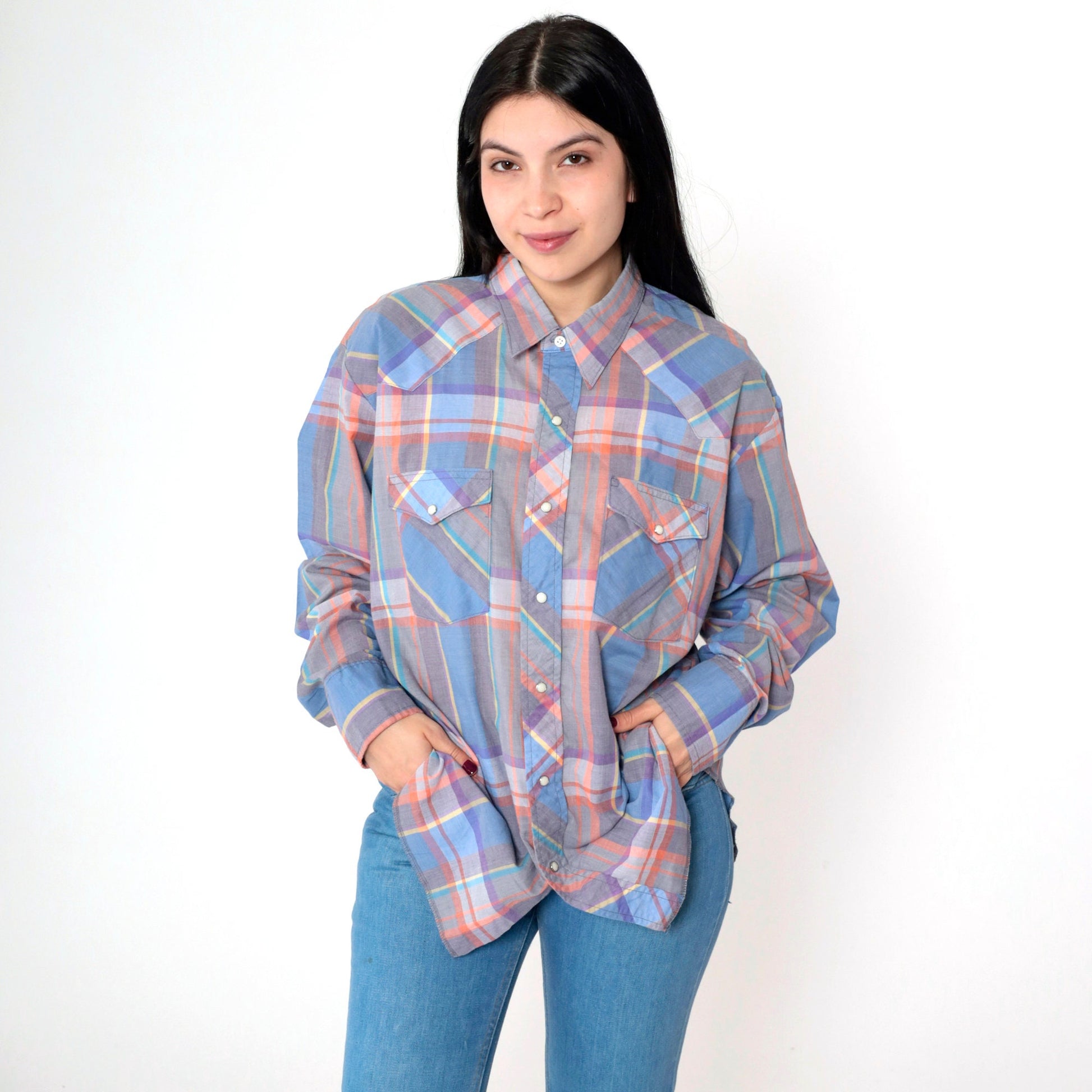 90s Wrangler Plaid Pearl Snap Western Shirt Blue Grey Orange Extra Large