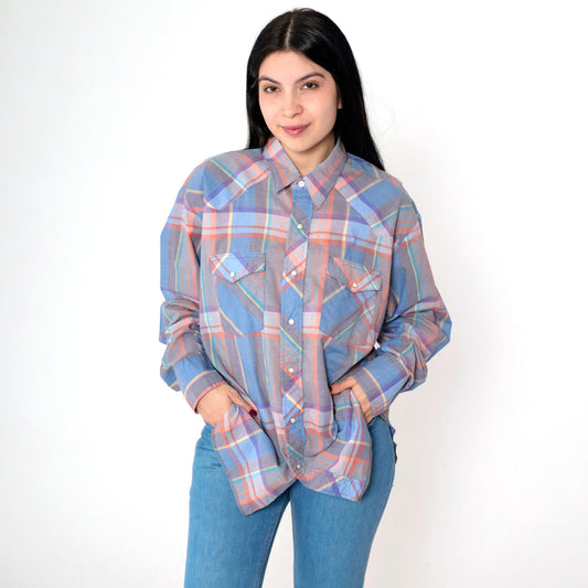 90s Wrangler Plaid Pearl Snap Western Shirt Blue Grey Orange Extra Large
