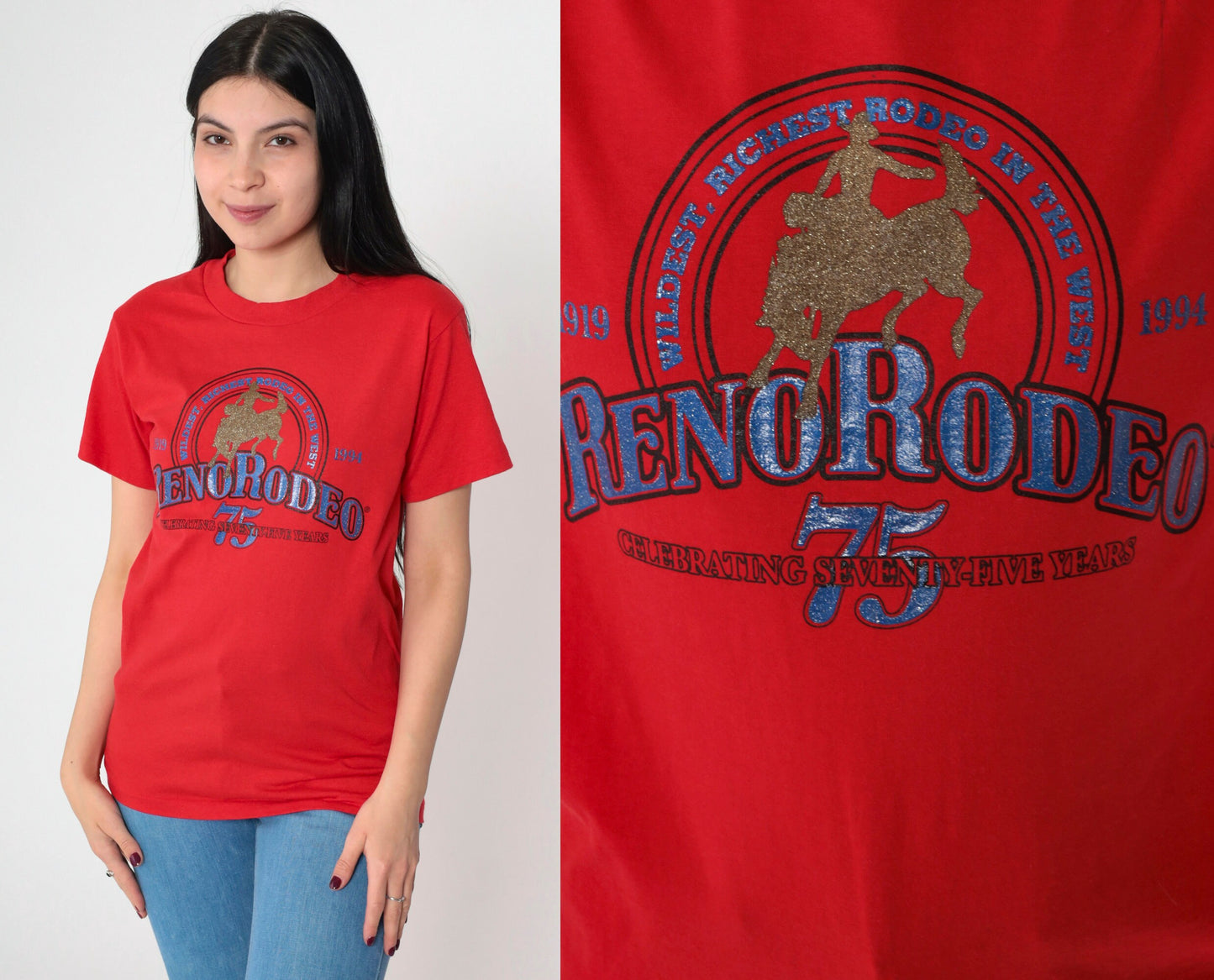 1994 Reno Rodeo Glitter Graphic T-Shirt Red Single Stitch Western Small