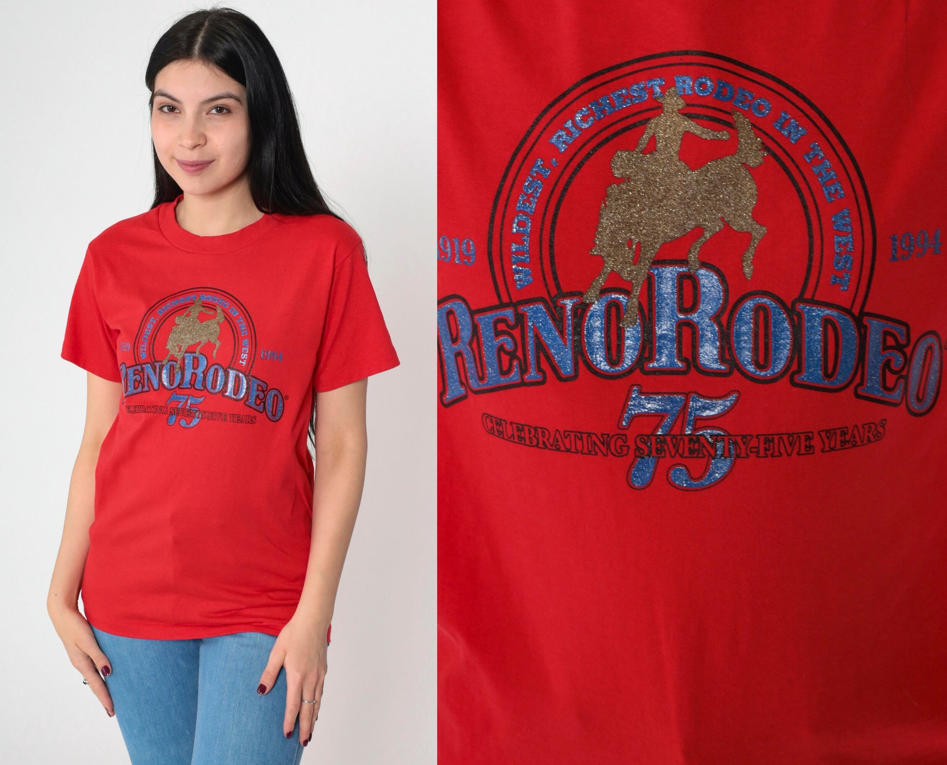 1994 Reno Rodeo Glitter Graphic T-Shirt Red Single Stitch Western Small
