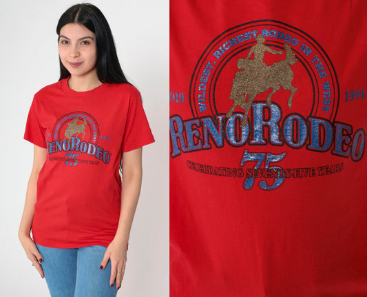 1994 Reno Rodeo Glitter Graphic T-Shirt Red Single Stitch Western Small