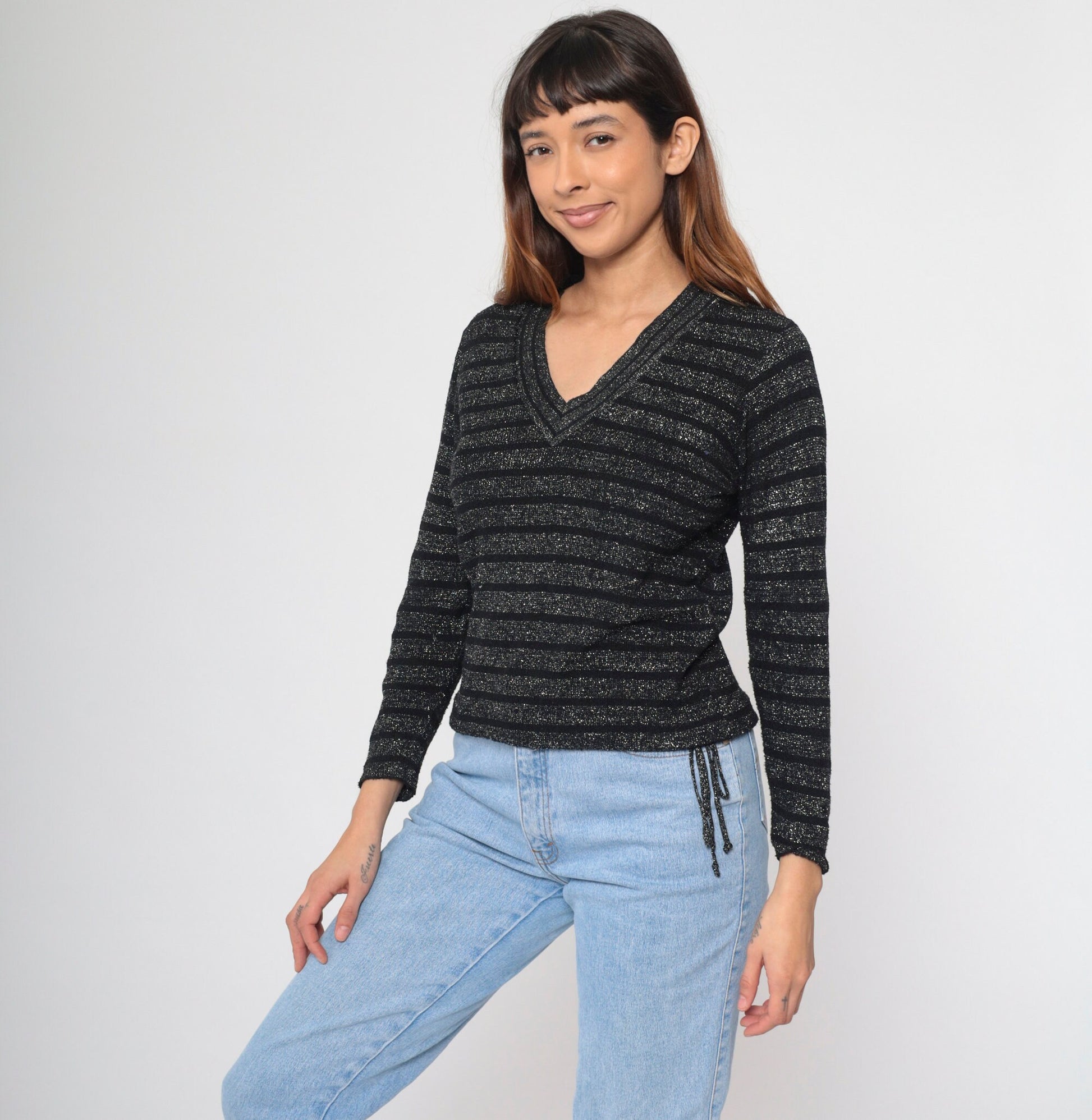 70s Metallic Striped Knit Sweater Silver Black V-Neck Pullover Small S