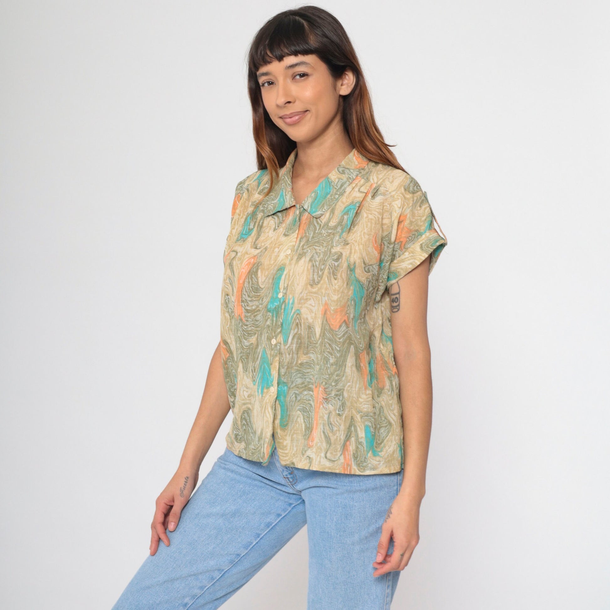 90s Marble Print Button Up Shirt Psychedelic Turquoise Tan Orange Large