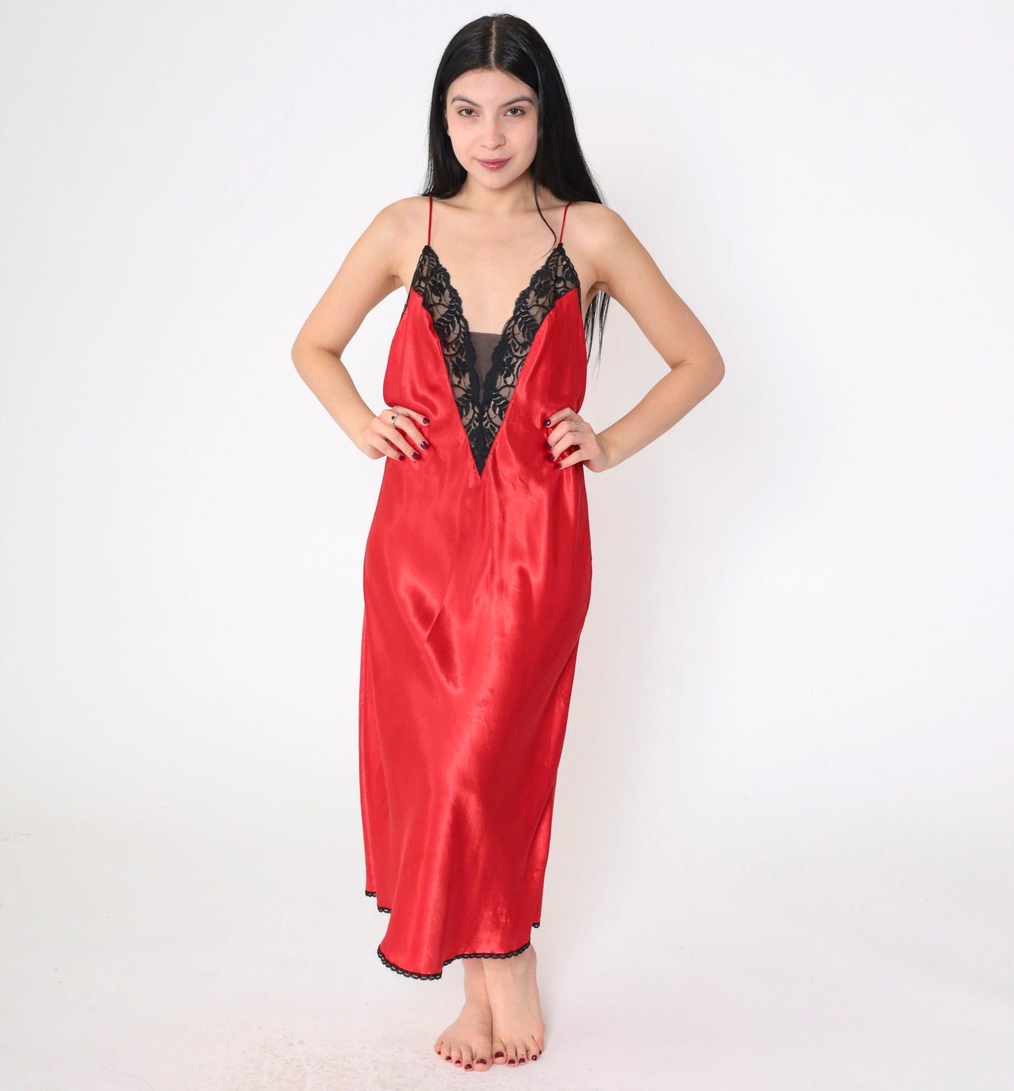 90s Val Mode Red Slip Dress Midi Black Lace Trim Open Back Medium