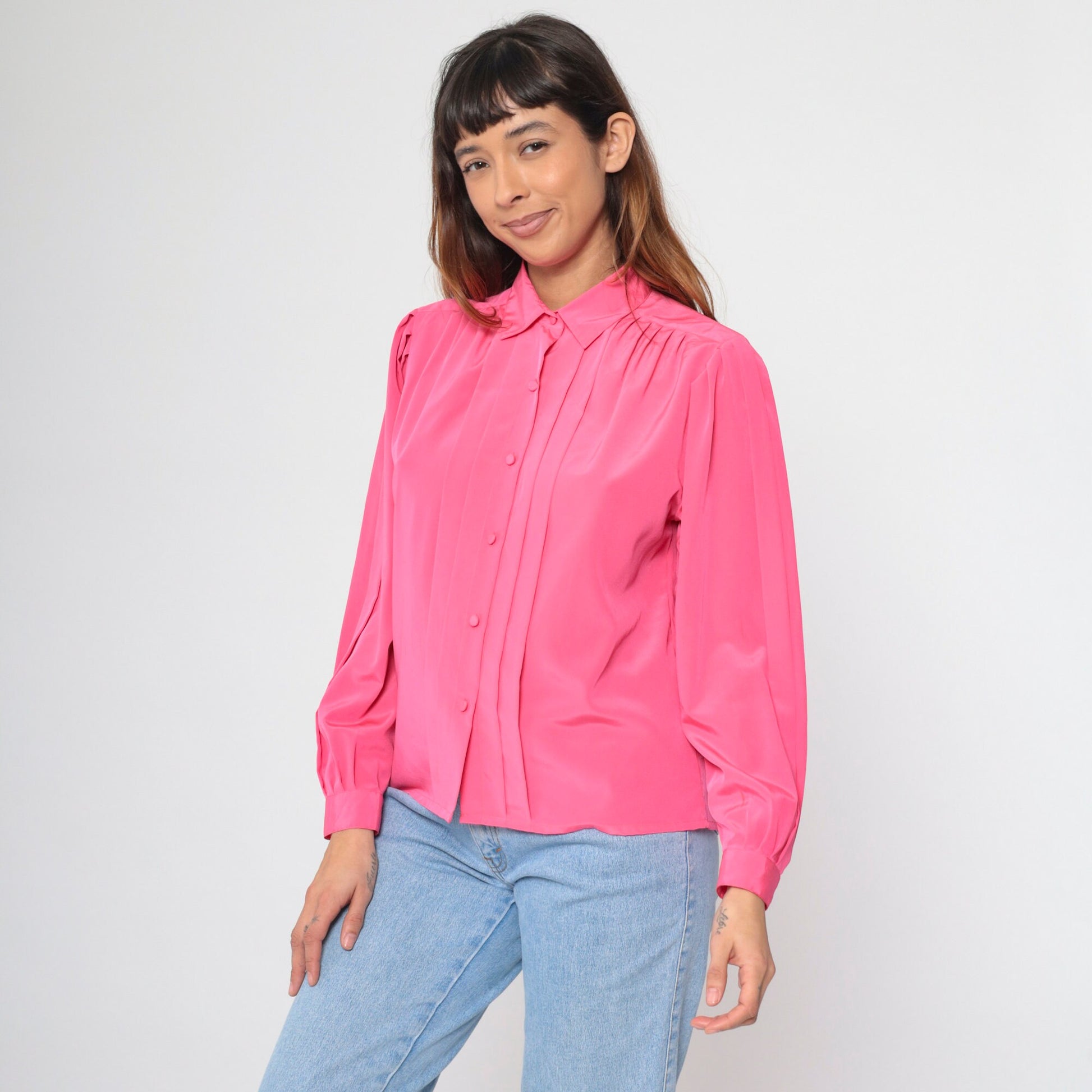 90s Hot Pink Puff Sleeve Blouse Pleated Button-Up Collared Shirt Medium Petite