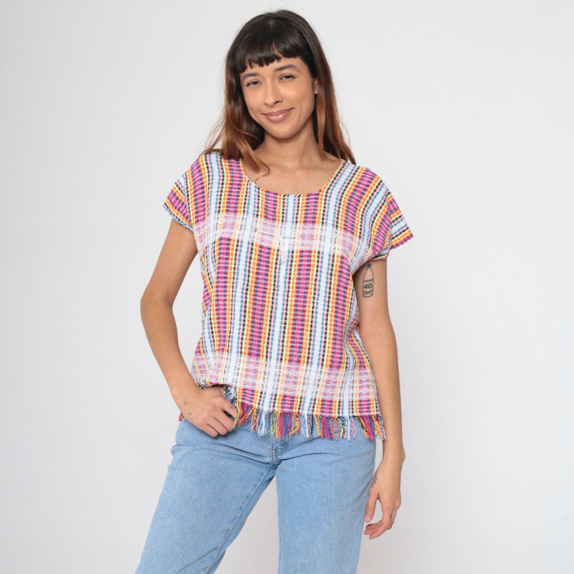 00s Mexican Neon Rainbow Striped Blouse Hot Pink Lace Trim Fringe Small