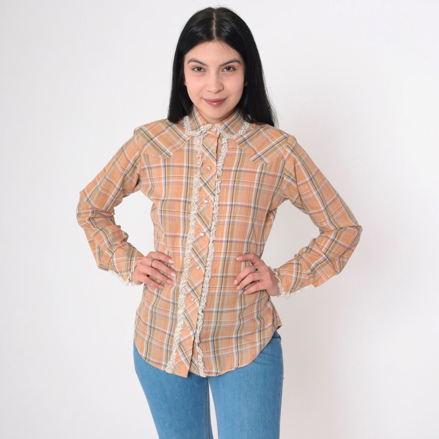 70s Panhandle Slim Western Shirt Metallic Plaid Lace Pearl Snap Orange Small