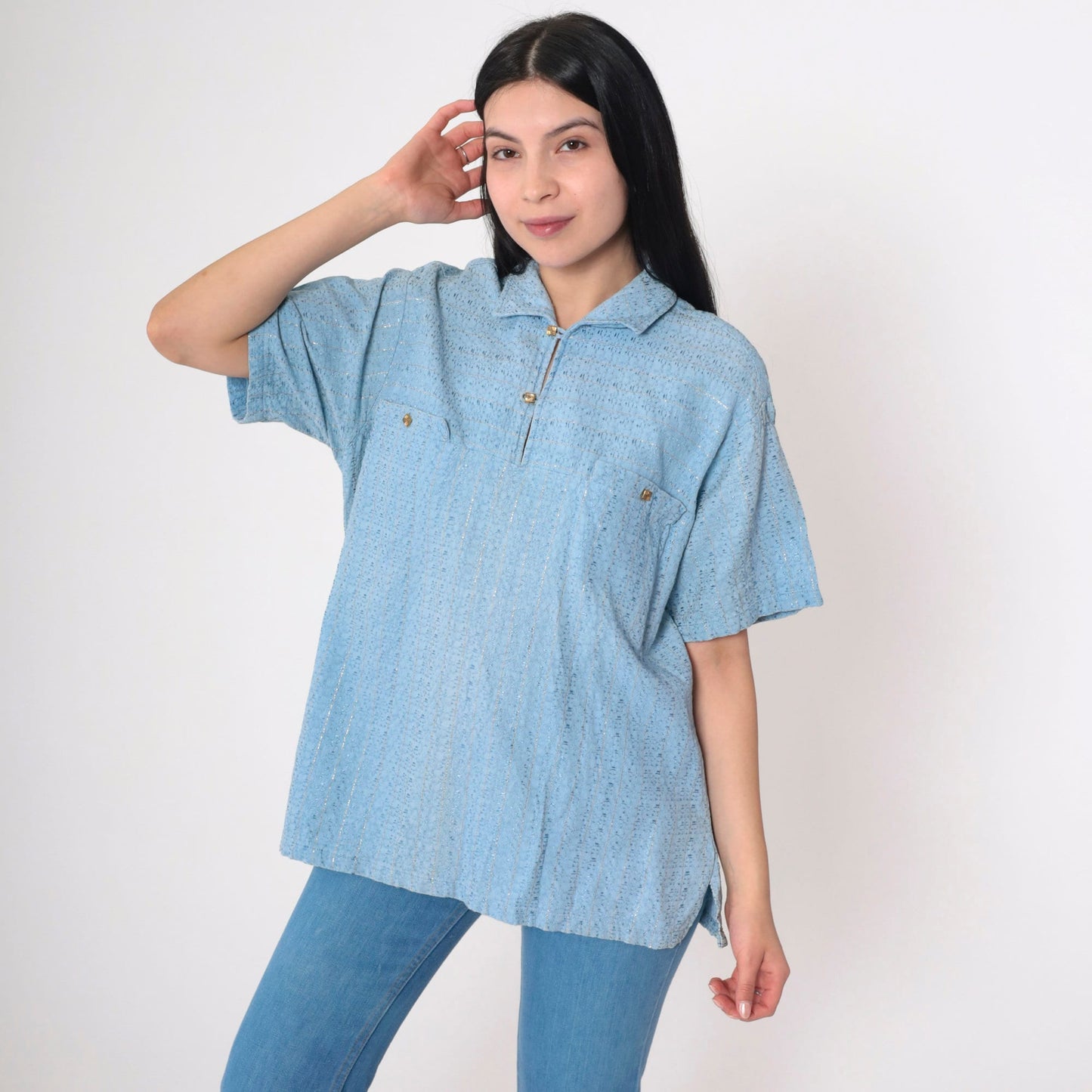 70s Baby Blue Metallic Polo Shirt Short Sleeve Collared Top Large L