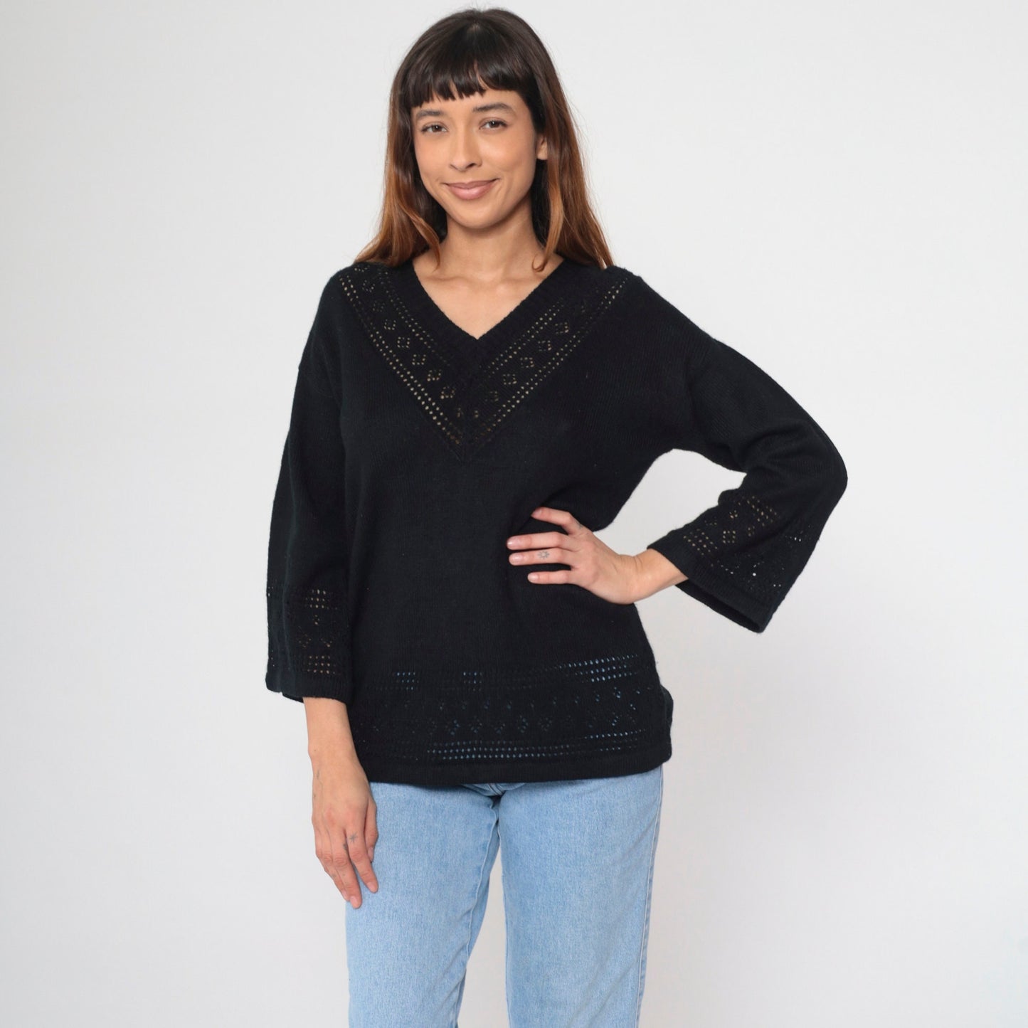 80s Black Cutwork Sweater Bell Sleeve V Neck Knit Pullover Large L