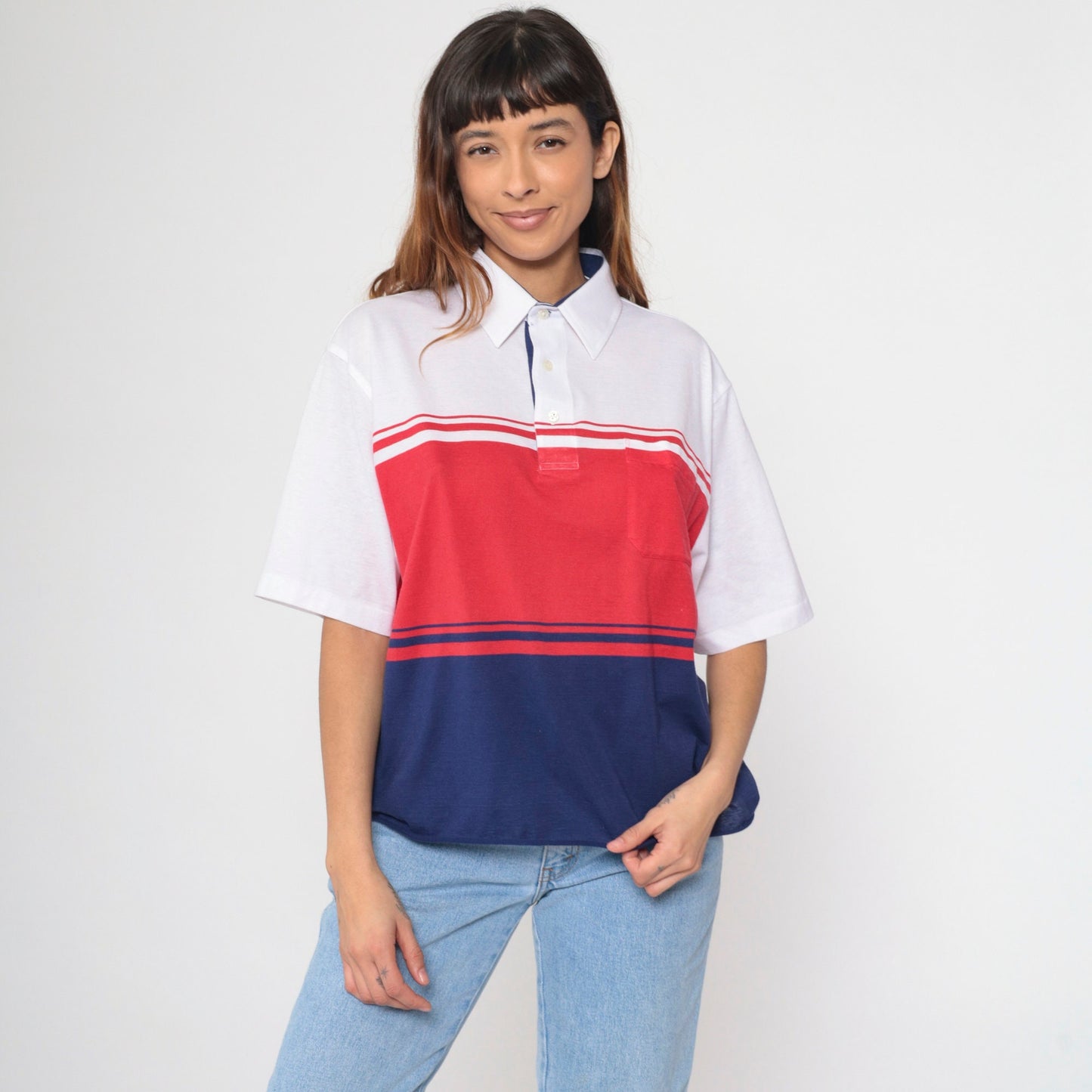 90s Polo Shirt Navy Red White Color Block Short Sleeve Chest Pocket Extra Large XL
