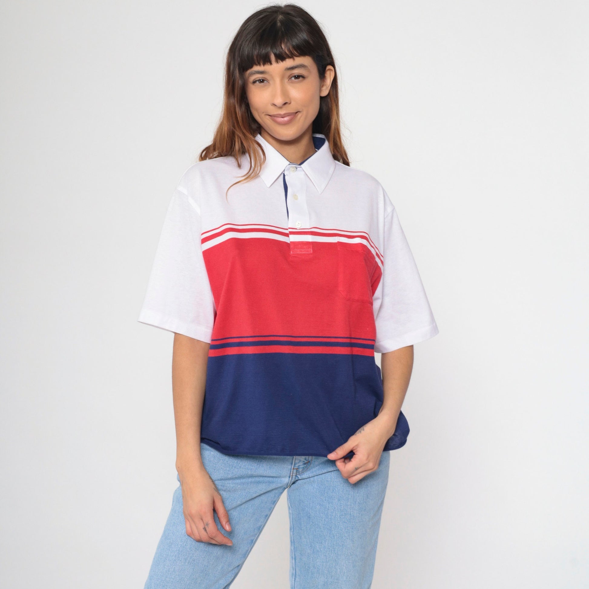 90s Polo Shirt Navy Red White Color Block Short Sleeve Chest Pocket Extra Large XL