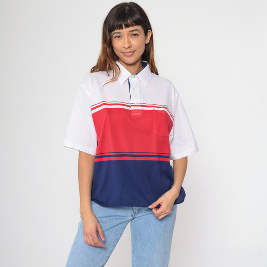 90s Polo Shirt Navy Red White Color Block Short Sleeve Chest Pocket Extra Large XL