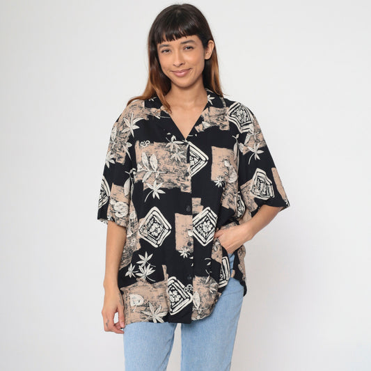 90s Alfred Dunner Button Up Blouse Leaf Floral Print Black Tan XXL