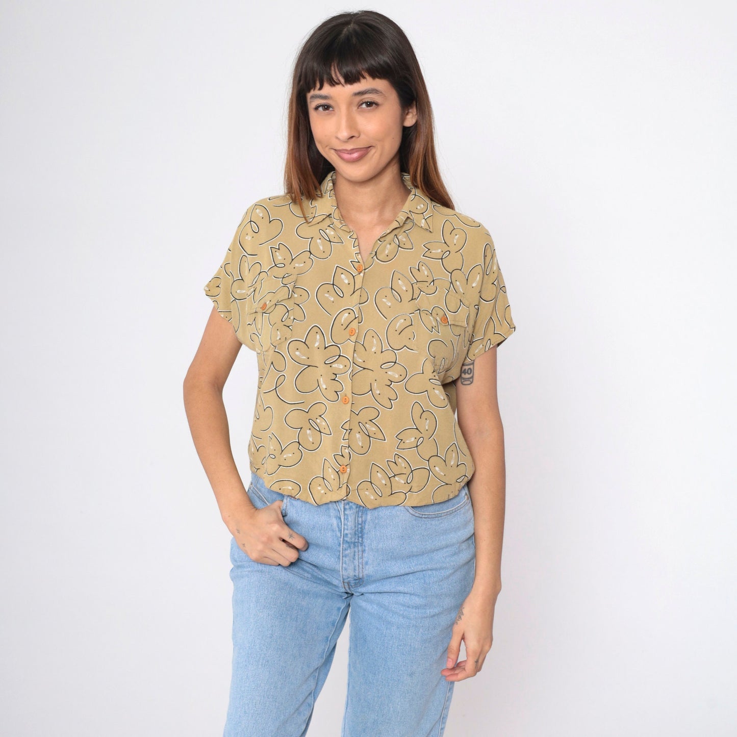 90s Abstract Floral Button-Up Blouse Mustard Short Sleeve Medium