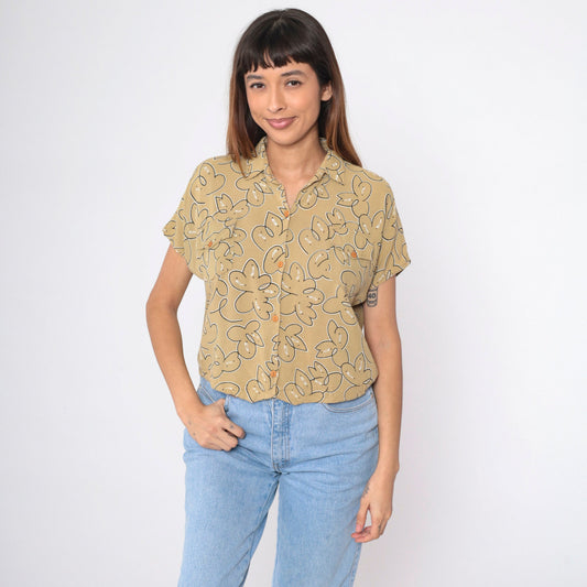 90s Abstract Floral Button-Up Blouse Mustard Short Sleeve Medium
