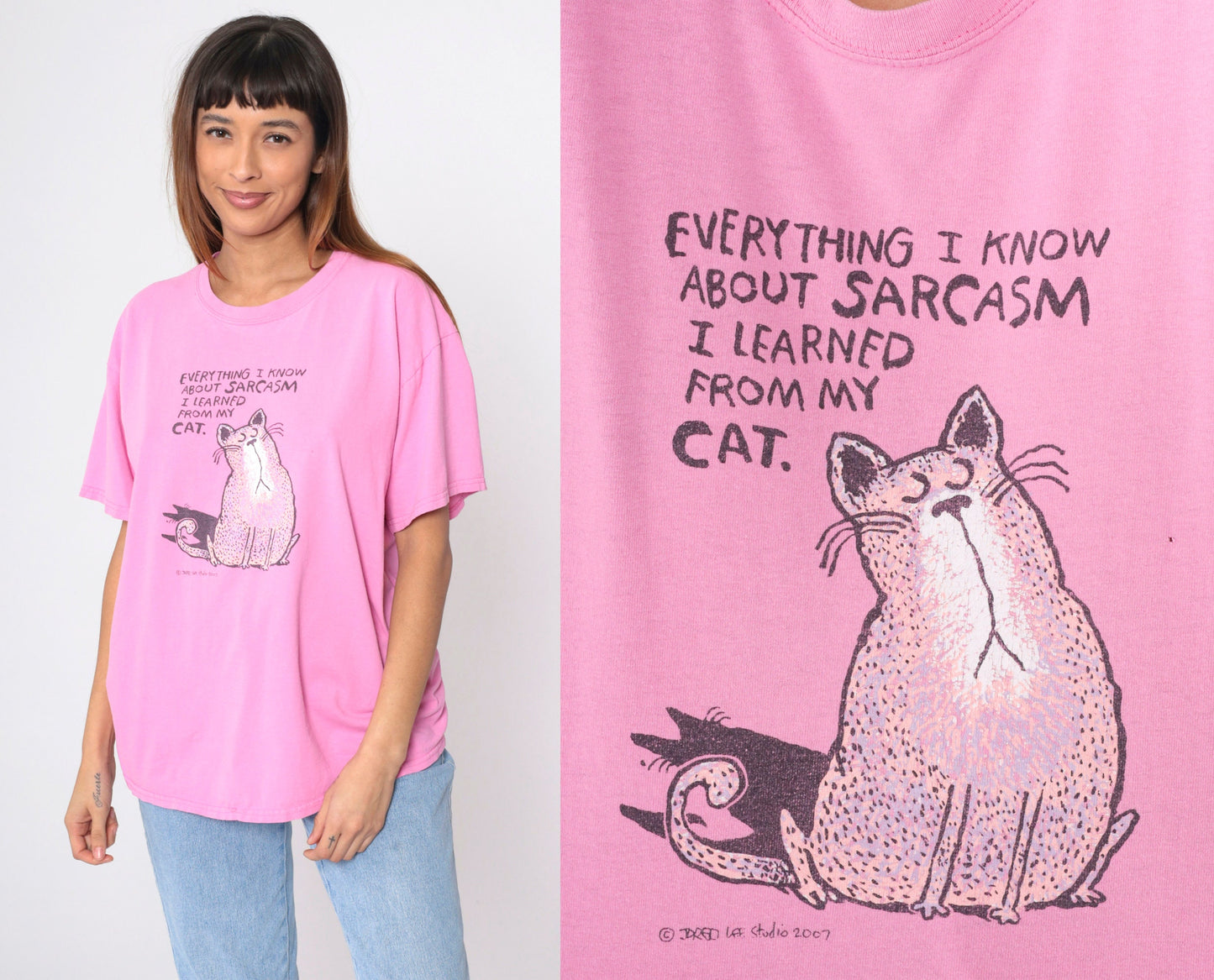 00s Cat Graphic T-Shirt Sarcasm Joke Pink Cotton Tee Large