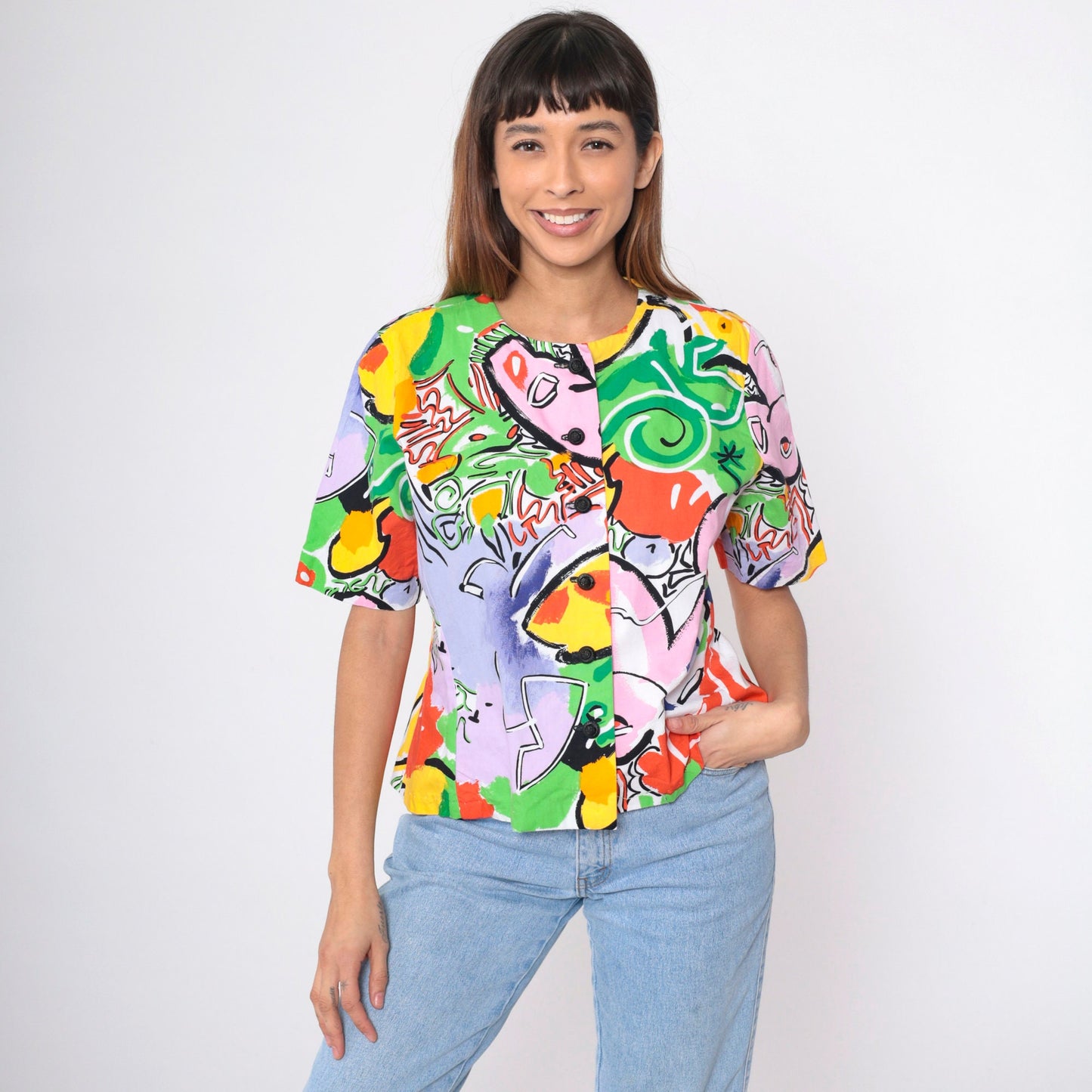 90s Abstract Tropical Button-Up Blouse Multicolor Geometric Print Medium