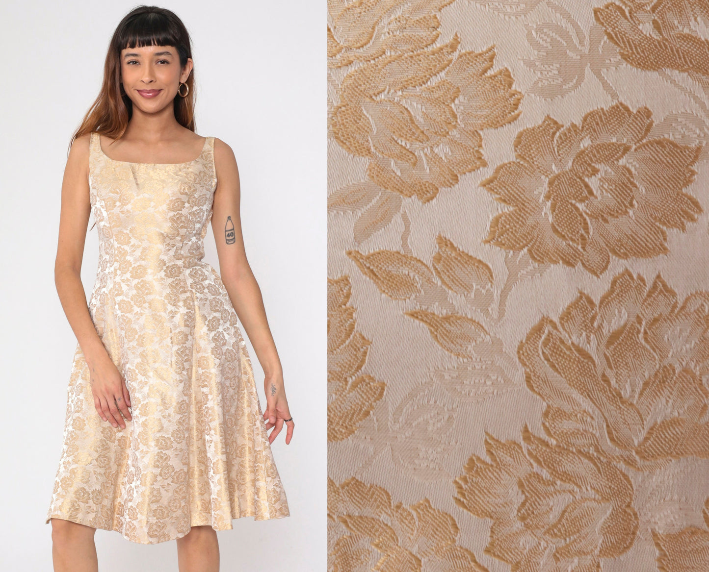 60s Metallic Champagne Floral Brocade Dress Sleeveless Fit Flare Knee Length Small