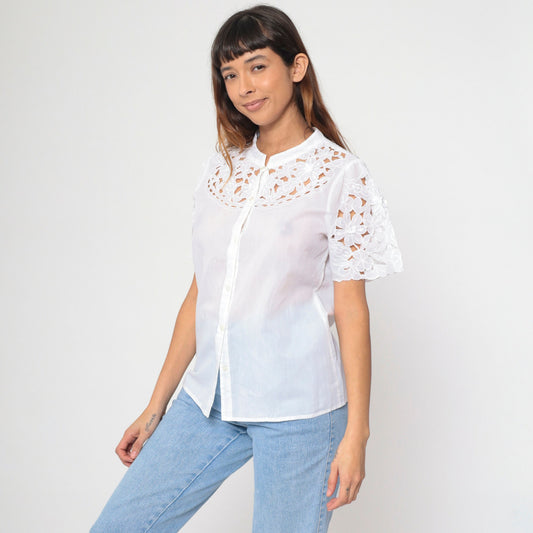 90s White Cutwork Blouse Embroidered Floral Button Up Short Sleeve Large