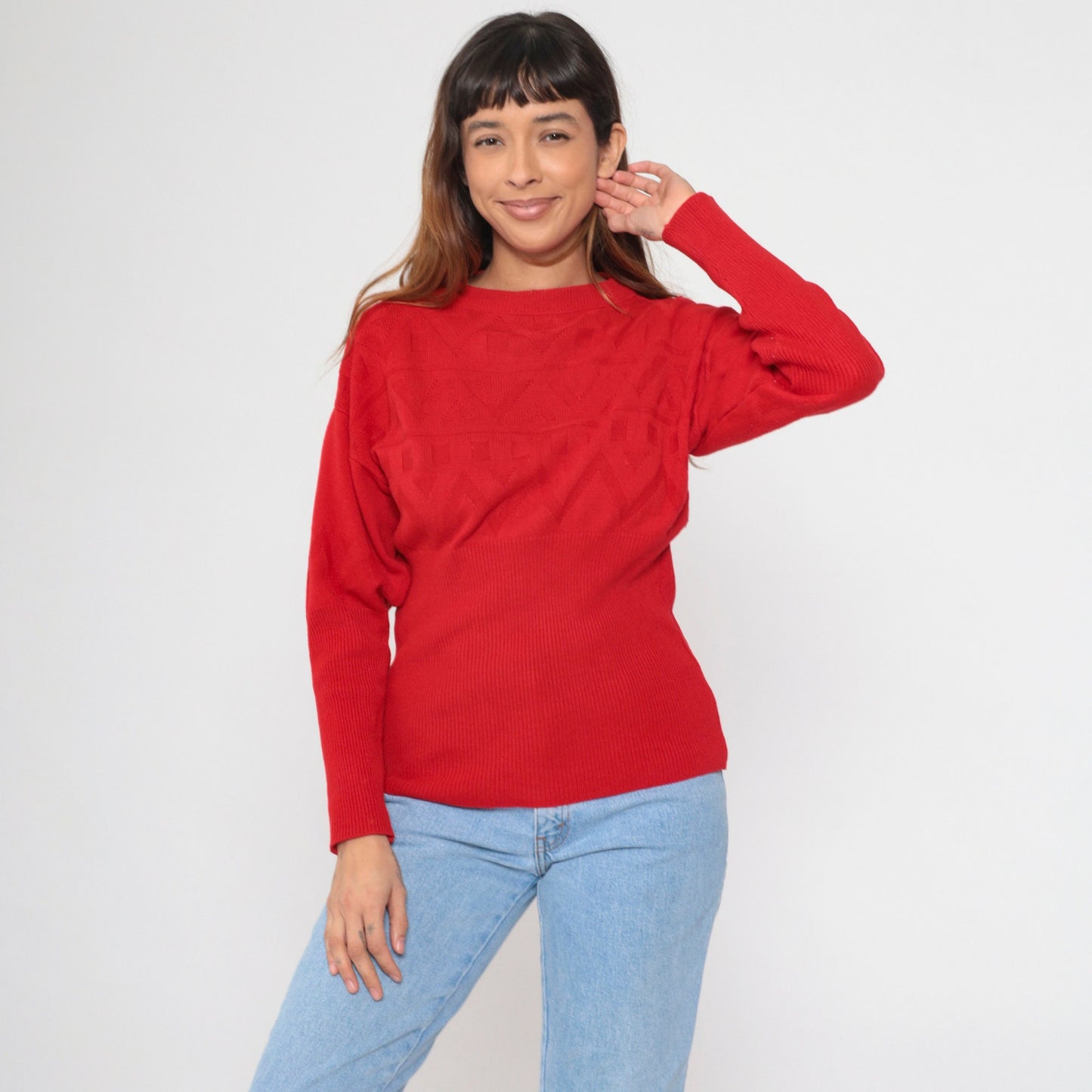 80s Red Textured Knit Sweater Zig Zag Geometric Ribbed Waist Small Medium