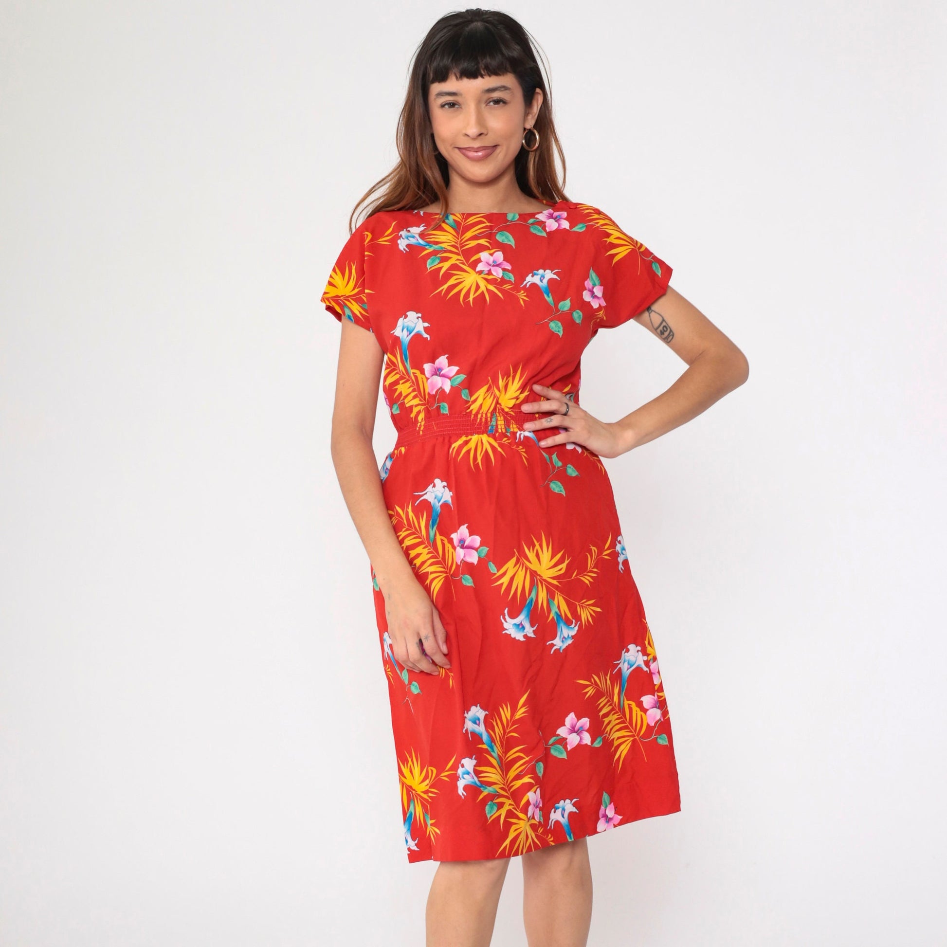 80s Hilo Hatties Tropical Floral Midi Dress Red High Waist Short Sleeve Small Medium