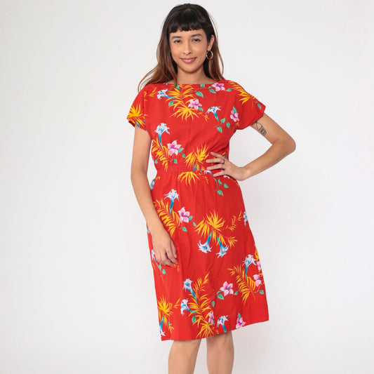 80s Hilo Hatties Tropical Floral Midi Dress Red High Waist Short Sleeve Small Medium