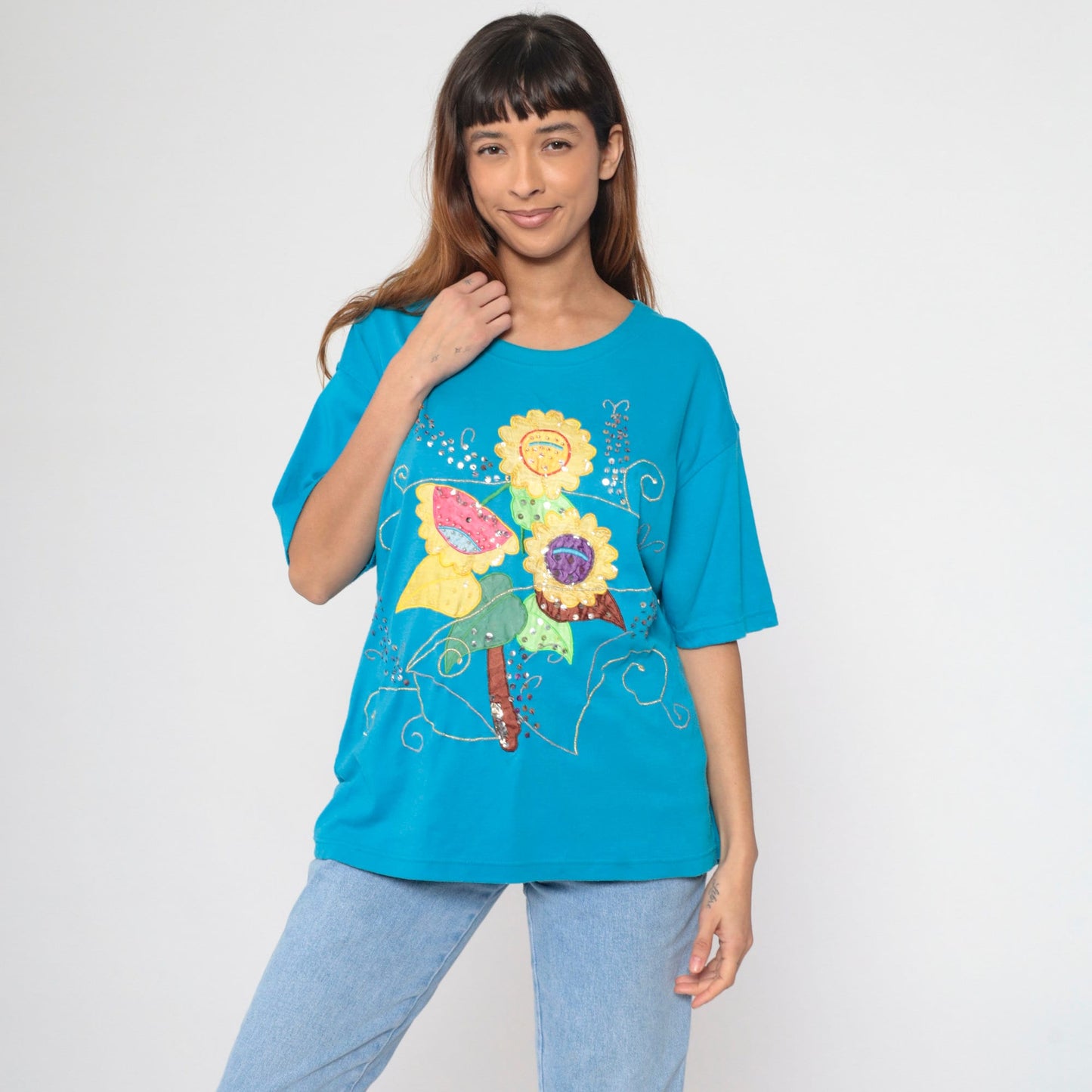 90s Turquoise Floral T-Shirt Sequined Beaded Embroidered Graphic Tee Large