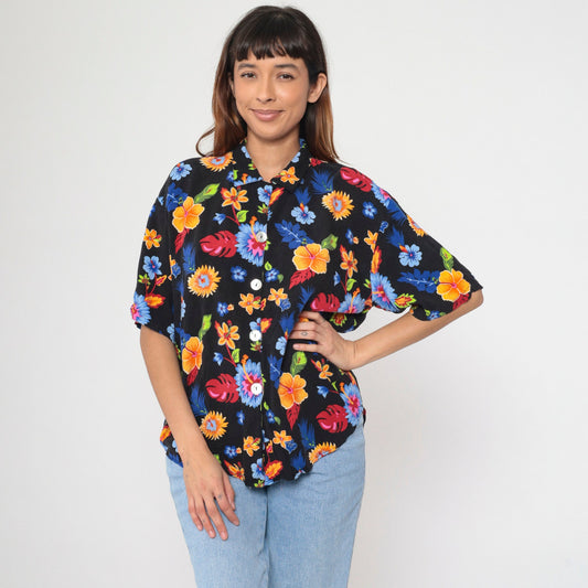 90s Tropical Floral Black Button Up Blouse Short Sleeve Extra Large XXL