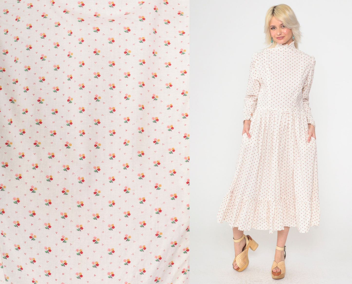 70s White Calico Floral Midi Dress Puff Sleeve High Neck Ruffled Small
