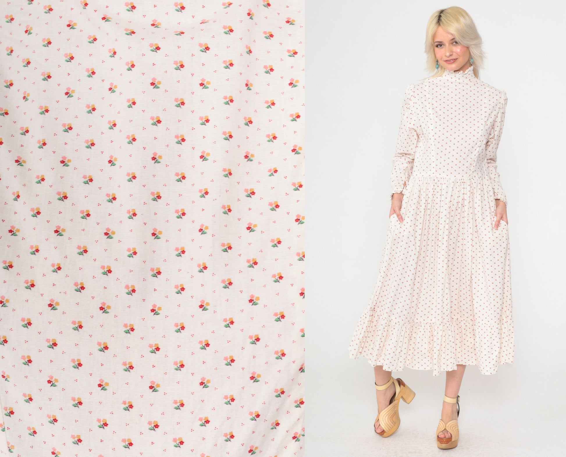 70s White Calico Floral Midi Dress Puff Sleeve High Neck Ruffled Small