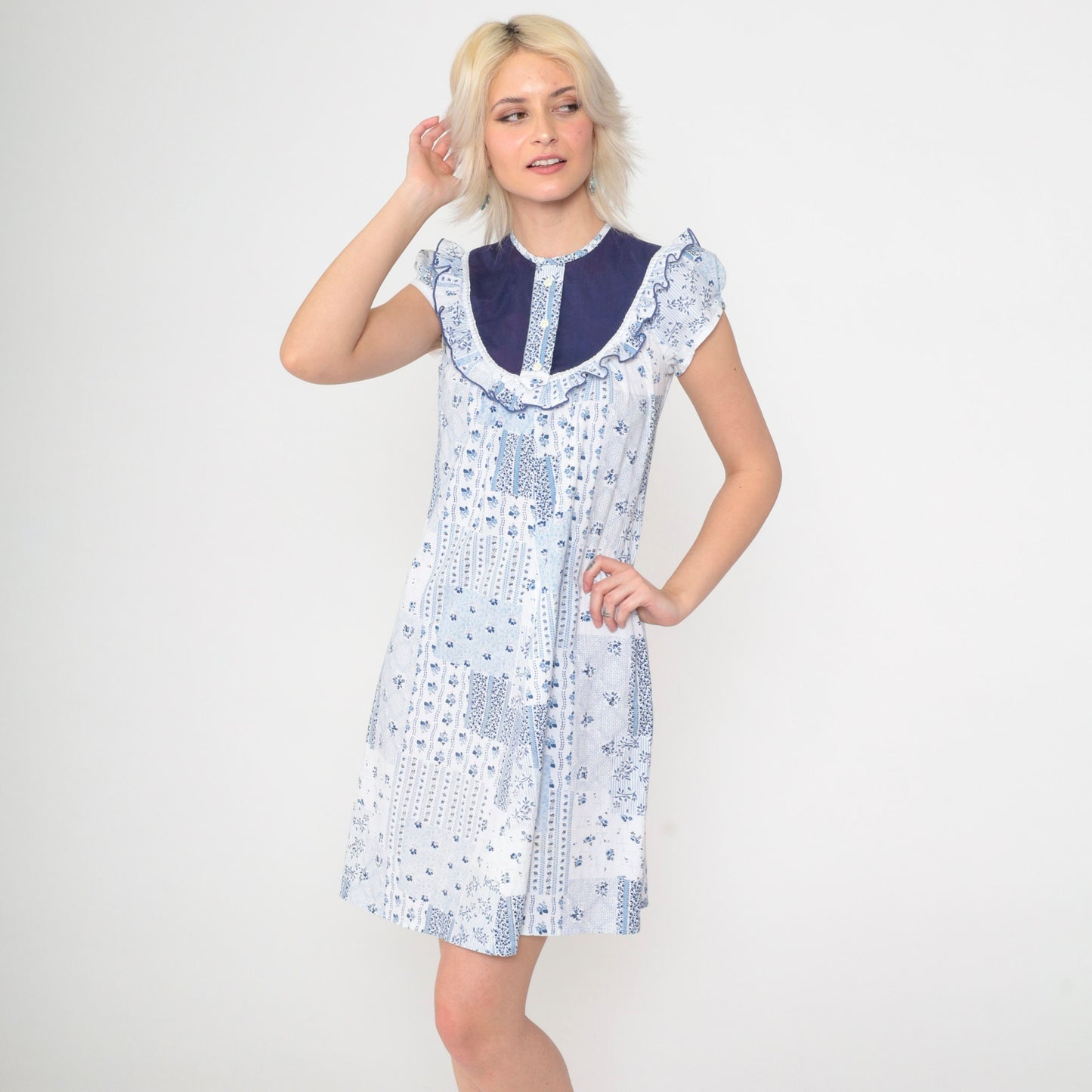 70s Liberty House Floral Patchwork Mini Dress Blue White Puff Sleeve 2XS