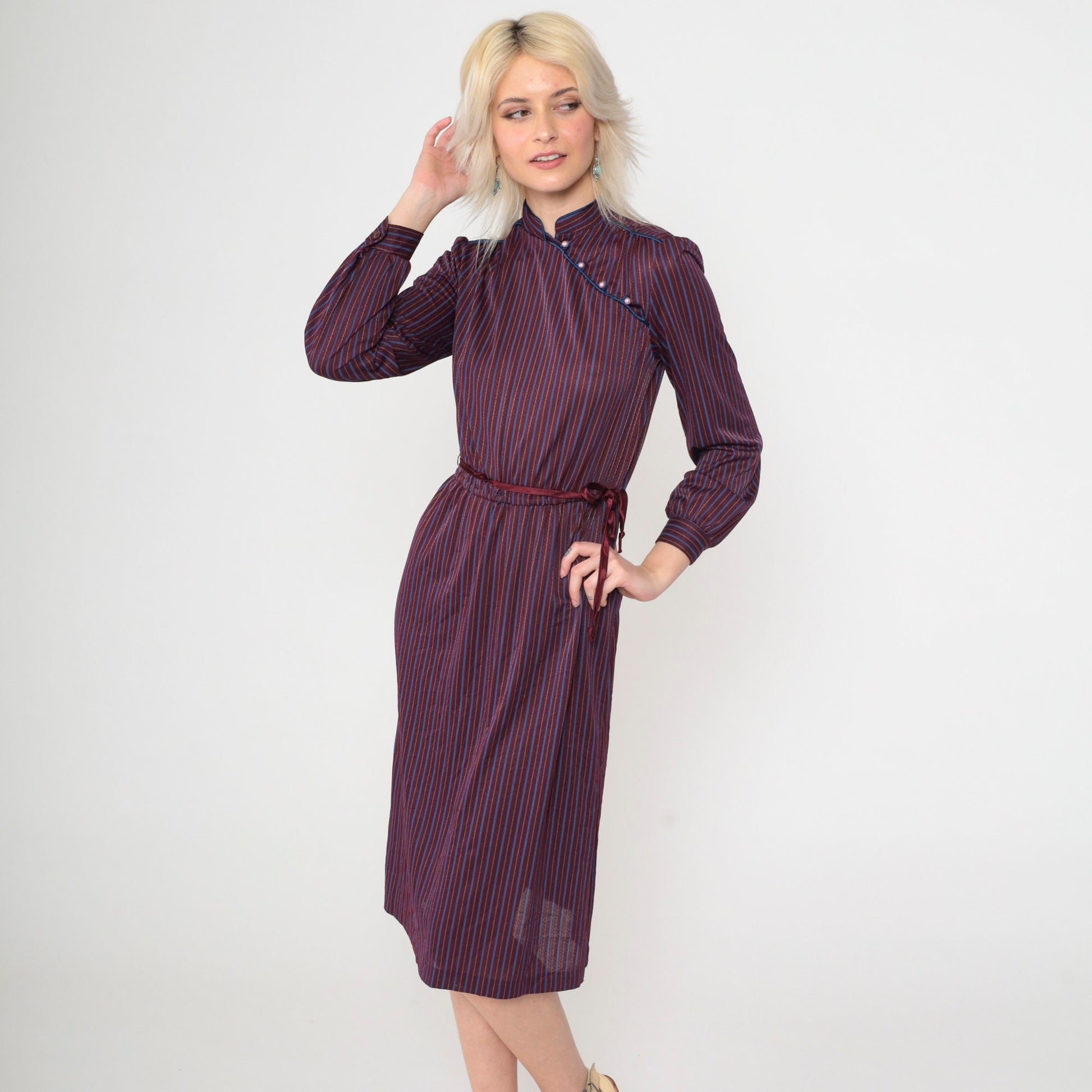 70s Jerri Jee Mandarin Collar Midi Dress Plum Striped Puff Sleeve Extra Small