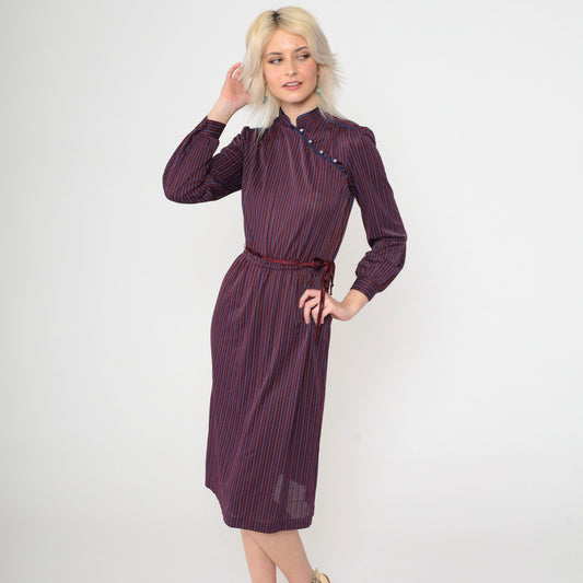 70s Jerri Jee Mandarin Collar Midi Dress Plum Striped Puff Sleeve Extra Small