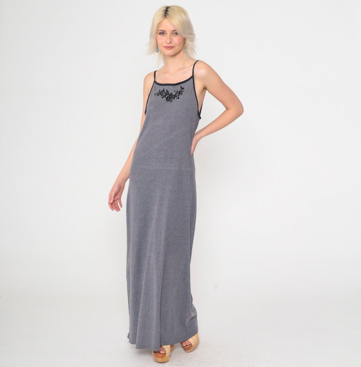 Y2K Grey Floral Maxi Dress Spaghetti Strap Bodycon 00s Xhilaration Medium