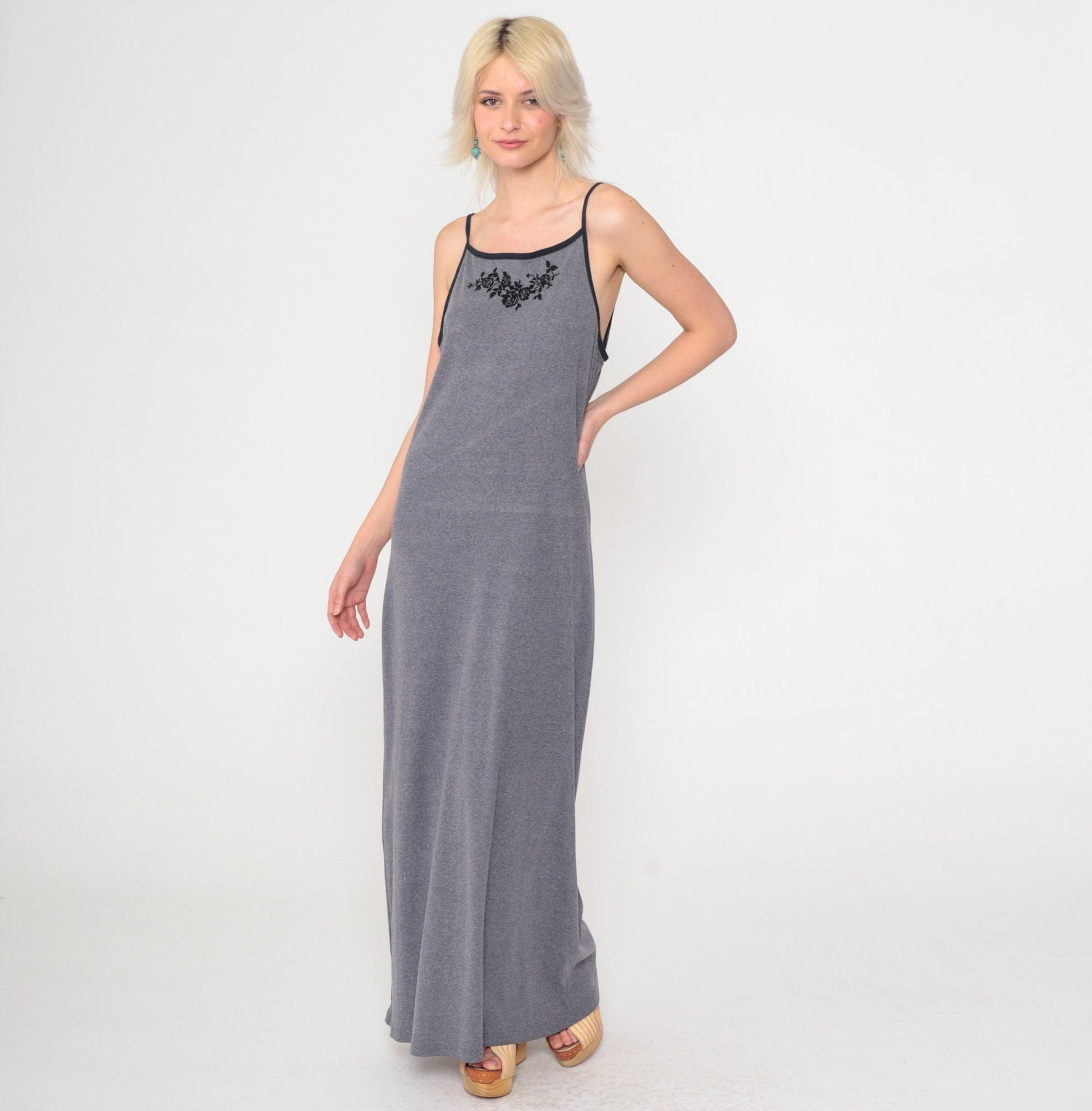 Y2K Grey Floral Maxi Dress Spaghetti Strap Bodycon 00s Xhilaration Medium