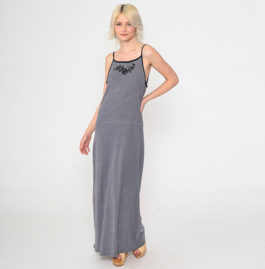 Y2K Grey Floral Maxi Dress Spaghetti Strap Bodycon 00s Xhilaration Medium