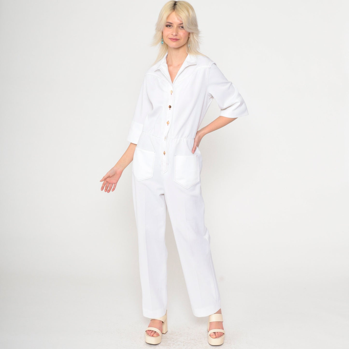 70s White Button-Up Jumpsuit High Waisted Straight Leg 3/4 Sleeve Small